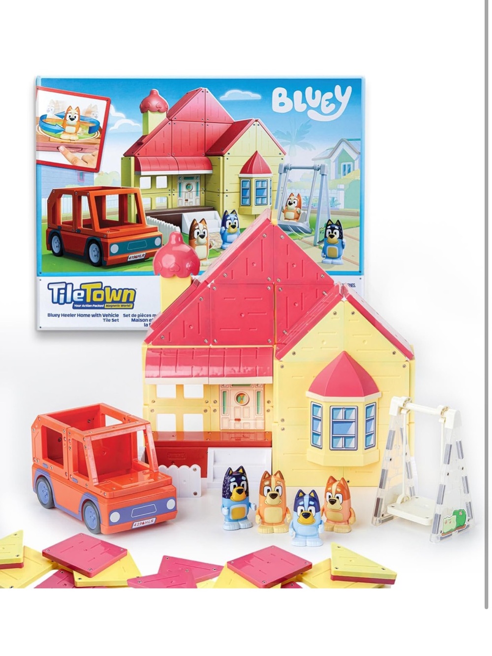 ✨$35✨NIB• Tile Town Bluey Heeler Family Home & Car 52pc Magnetic Tile Playset